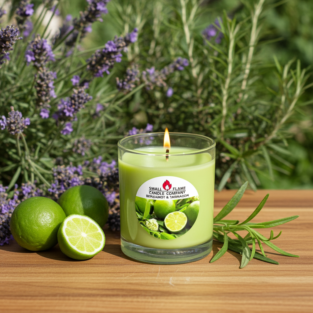 A Small Flame Candle Company Bergamot and Tarragon Coconut Soy Wax Candle sits on wood, its flame flickering by fresh limes; lavender and green leaves in the background hint at the candle’s natural fragrance oils.