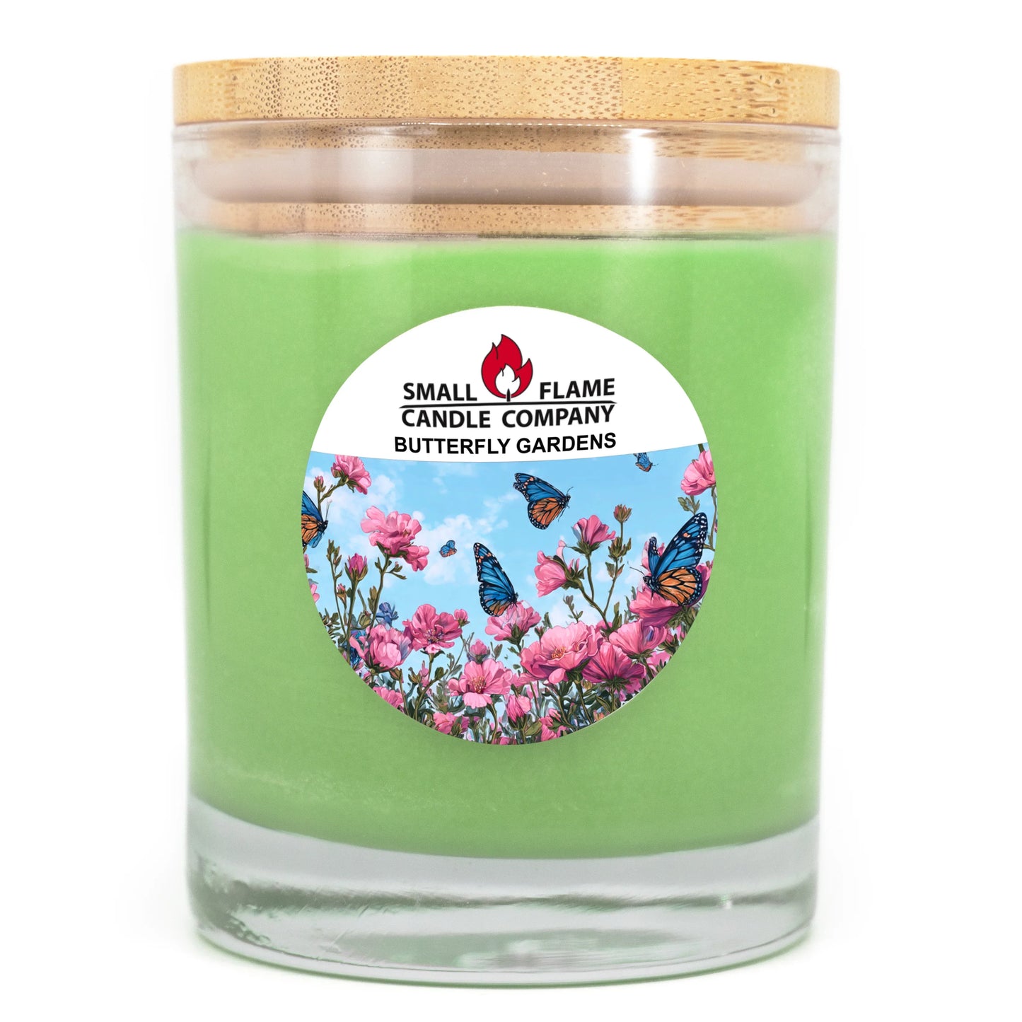 Green coconut-soy candle in glass jar with bamboo lid, butterfly and floral label design