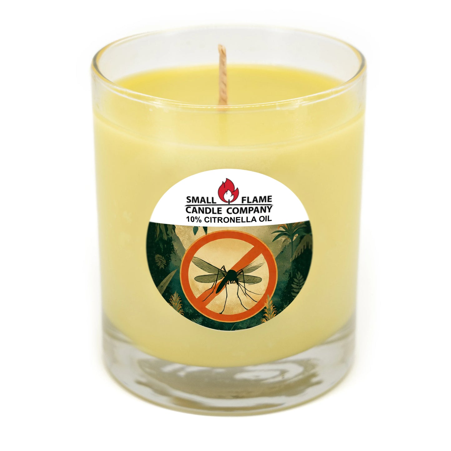 A yellow Citronella Candles and Melts product in a clear glass jar features a label with a mosquito no symbol, reading "SMALL FLAME CANDLE COMPANY, 10% natural citronella oil"—ideal for repelling mosquitoes outdoors.