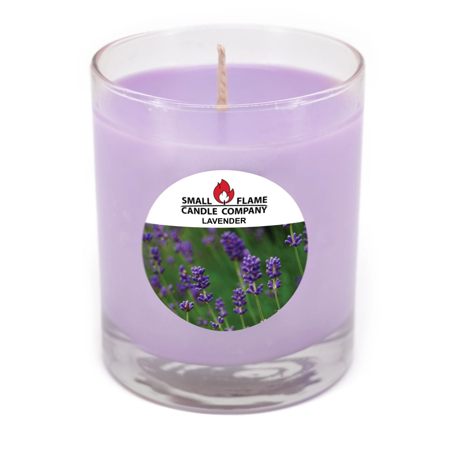 Lavender scented coconut soy candle in glass jar with lavender field label