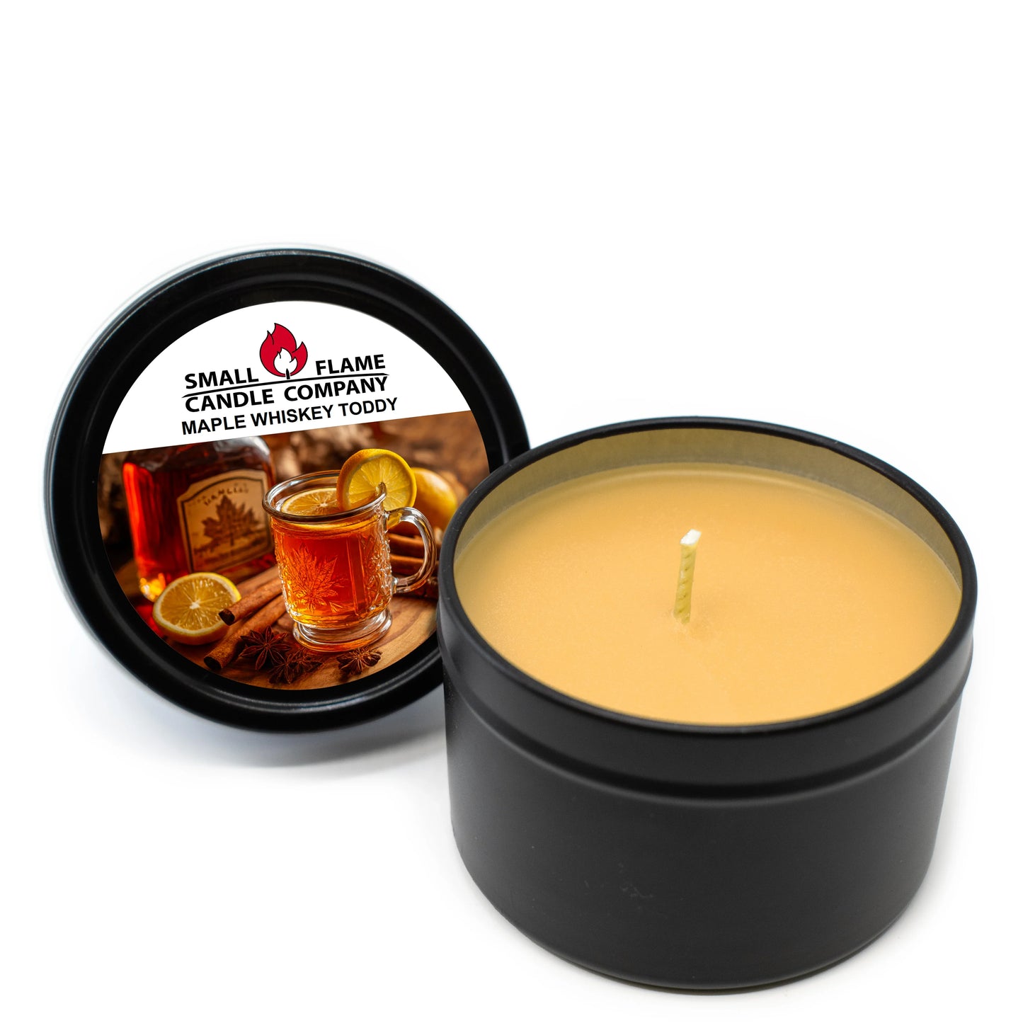 Maple Whiskey Toddy scented coconut-soy candle in black tin container with lid.