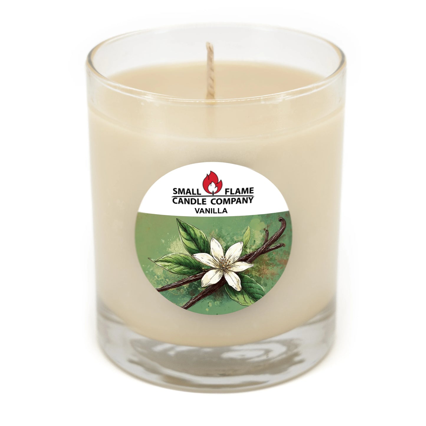 Vanilla scented soy candle in clear glass jar with vanilla flower label