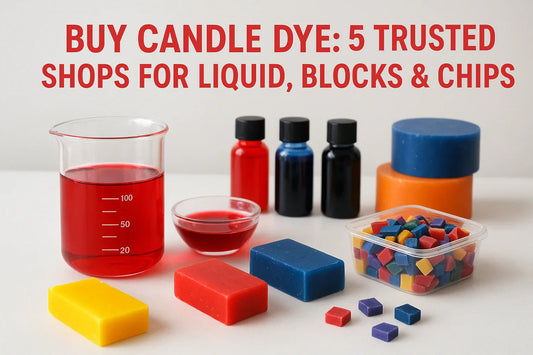 Assorted candle dye in liquid bottles, colored blocks, and chips for candle making