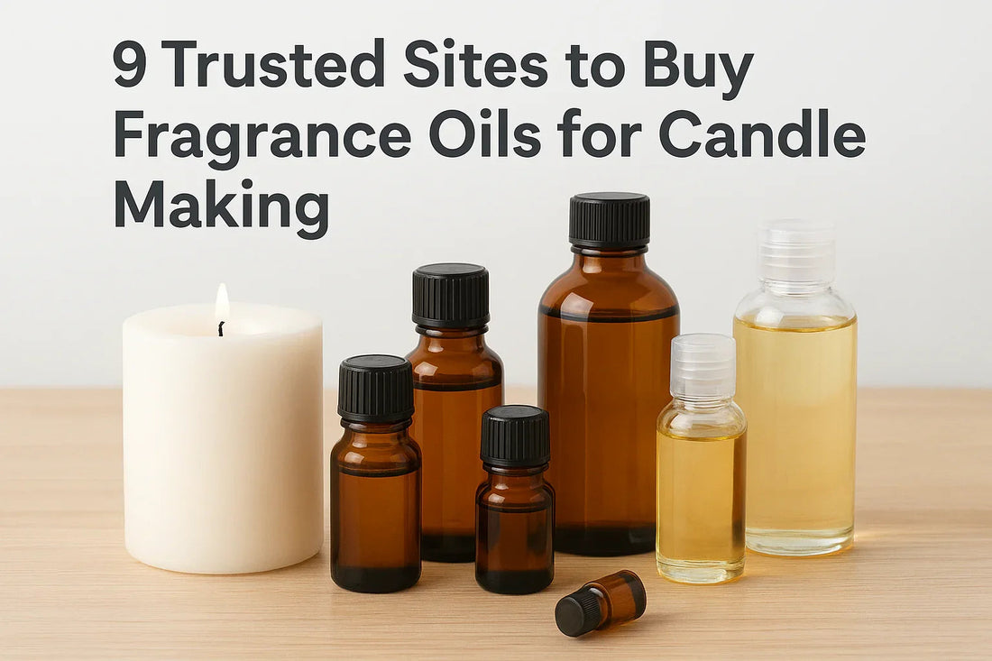 Various fragrance oil bottles and a white candle on a wooden surface for candle making.