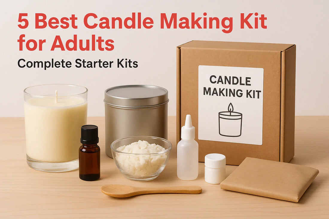 Candle making kit for adults with soy wax, glass jar, tin, oils, and tools on a table.