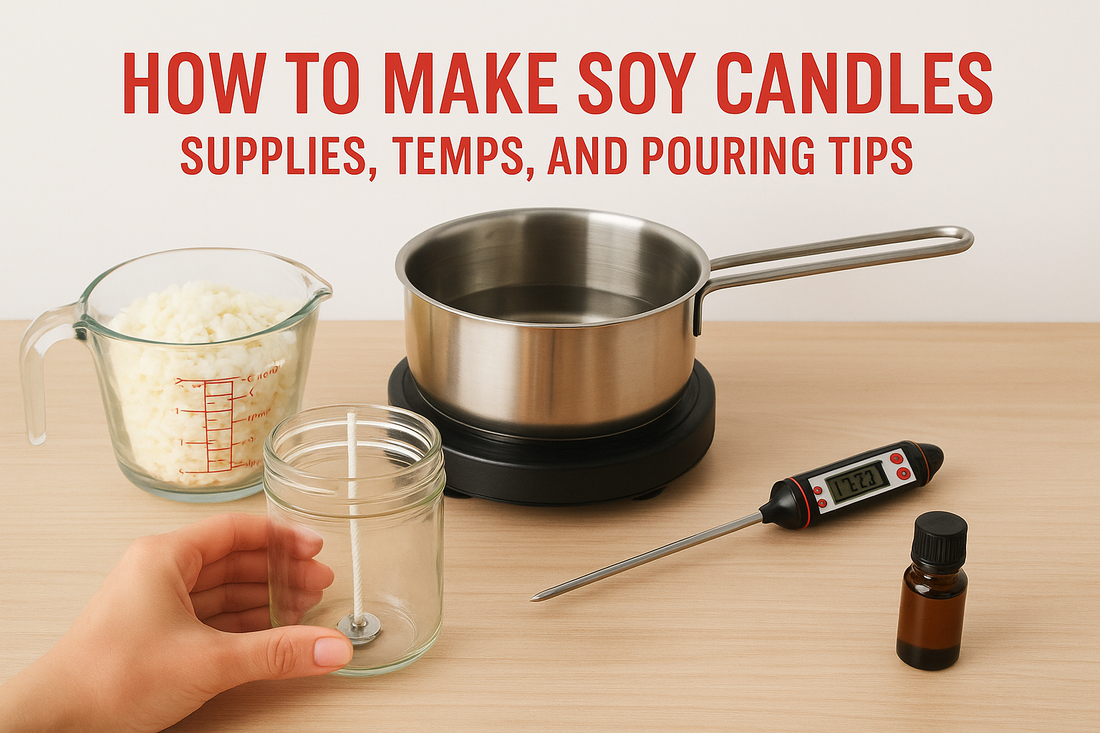 Soy candle making supplies with soy wax, glass jar, saucepan, thermometer, and fragrance oil