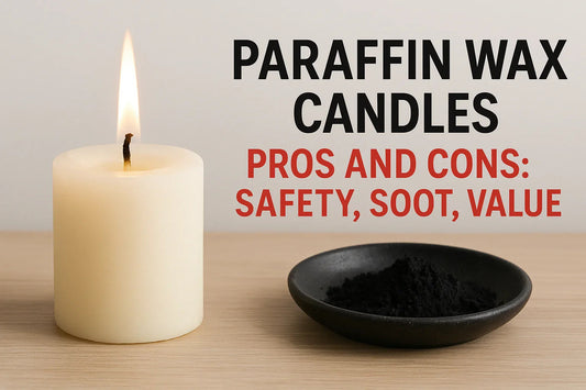 Lit paraffin wax candle beside bowl of black soot on wood surface, text compares pros and cons