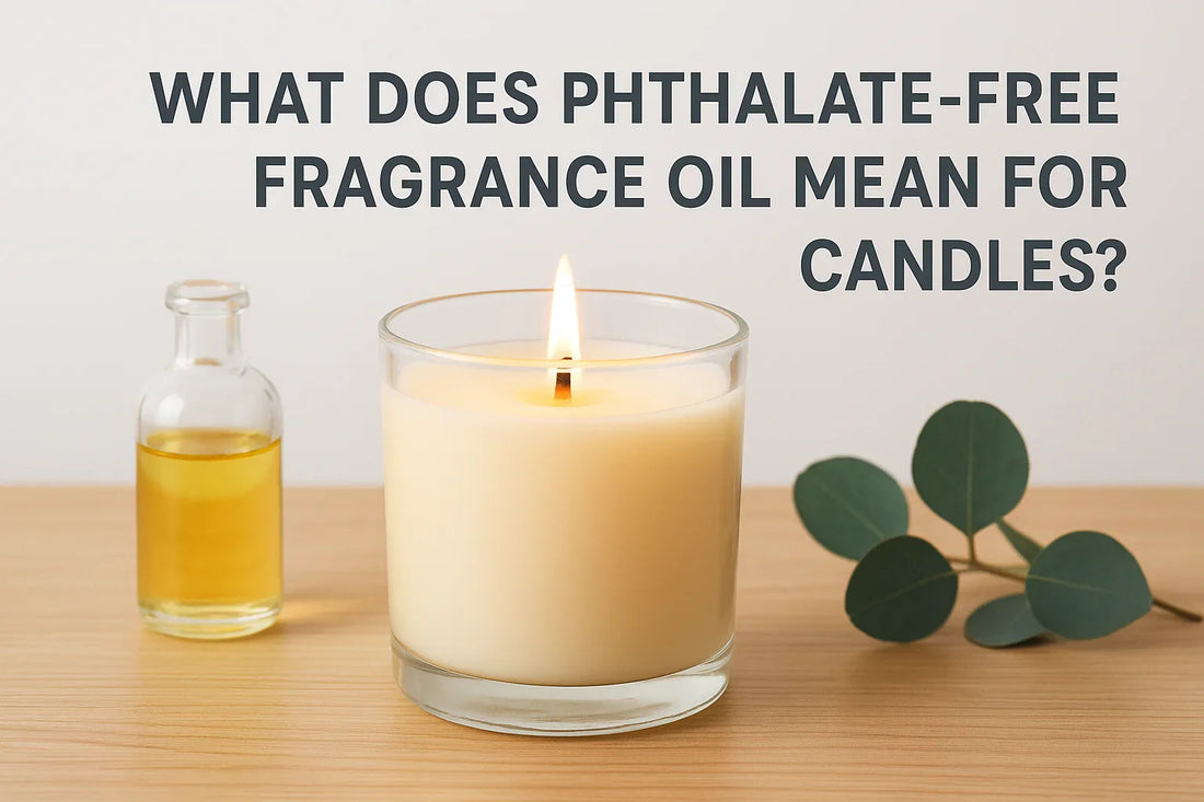 Phthalate-free fragrance oil candle on wood table with essential oil bottle and eucalyptus