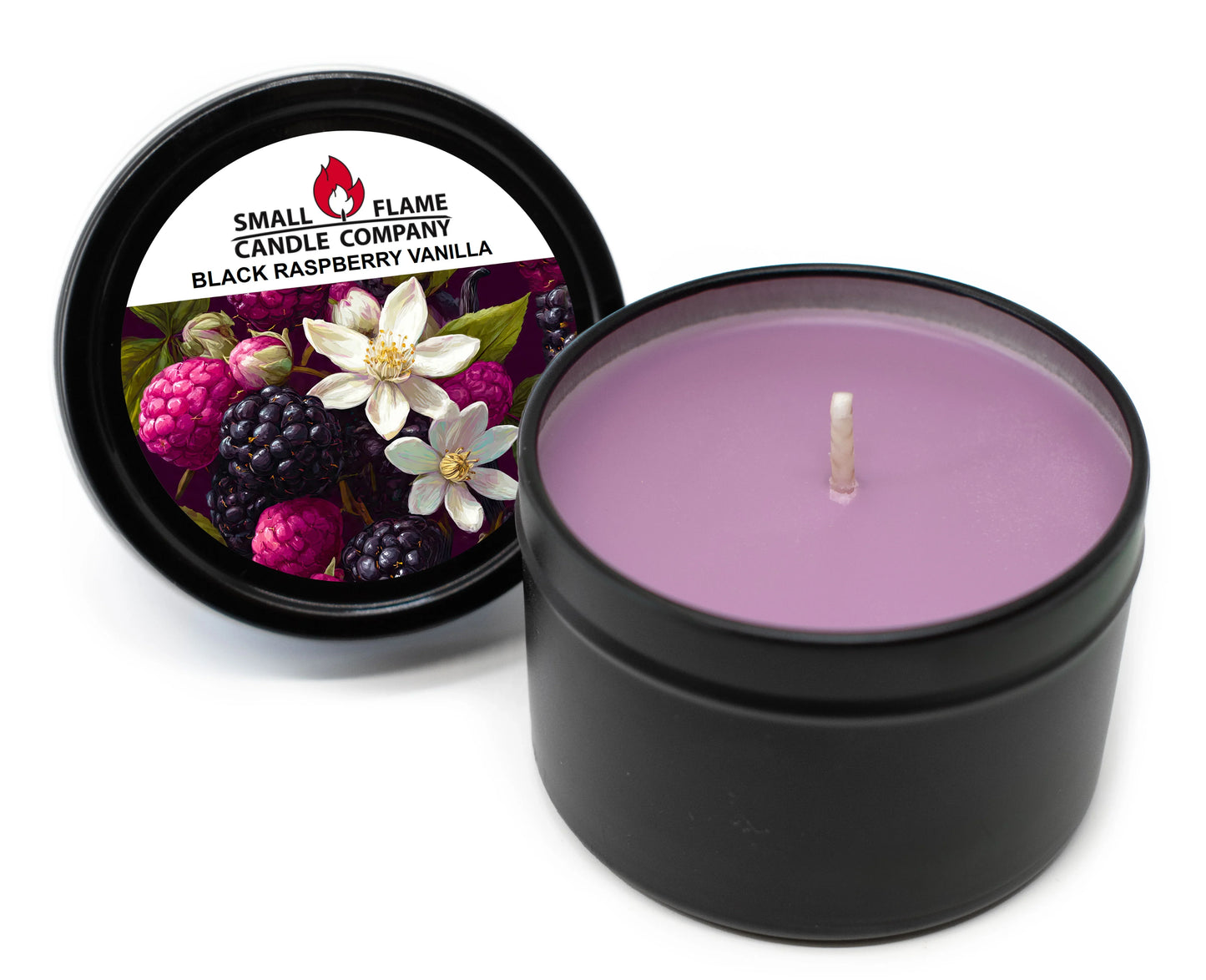 Purple black raspberry vanilla scented candle in black tin with floral berry label