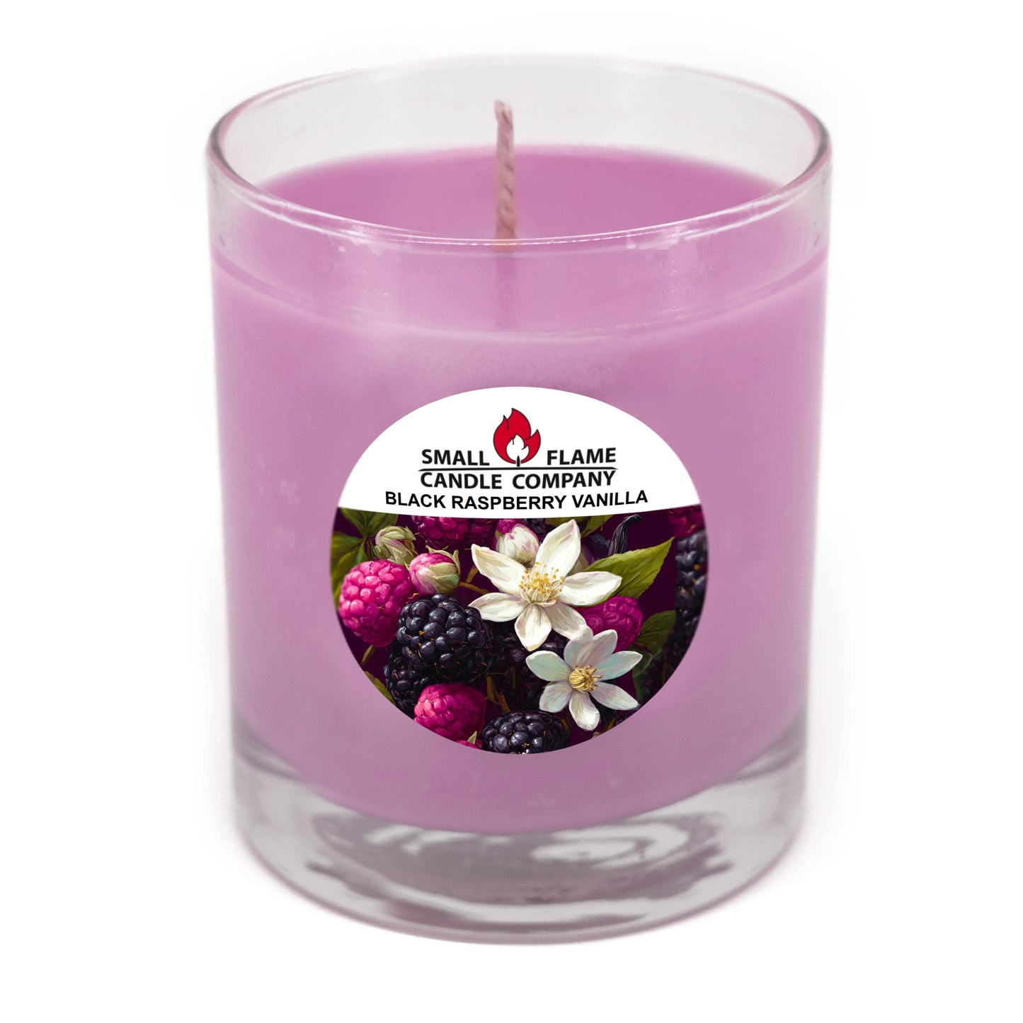 Purple Black Raspberry Vanilla candle in glass jar with fruit and flower label