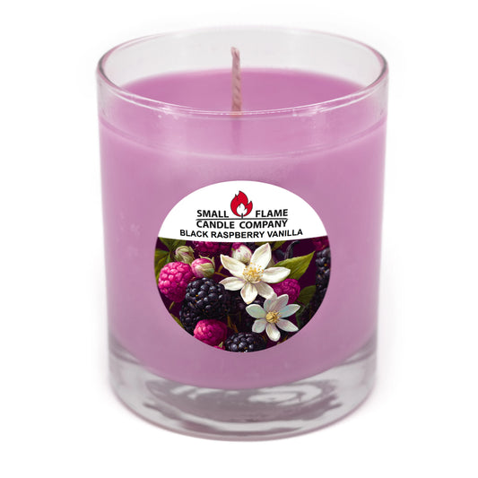 Black Raspberry Vanilla Candles and Melts: Hand-poured in a clear glass jar with natural fragrance oils. The label shows raspberries, blackberries, and white flowers with "Small Flame Candle Company" branding.