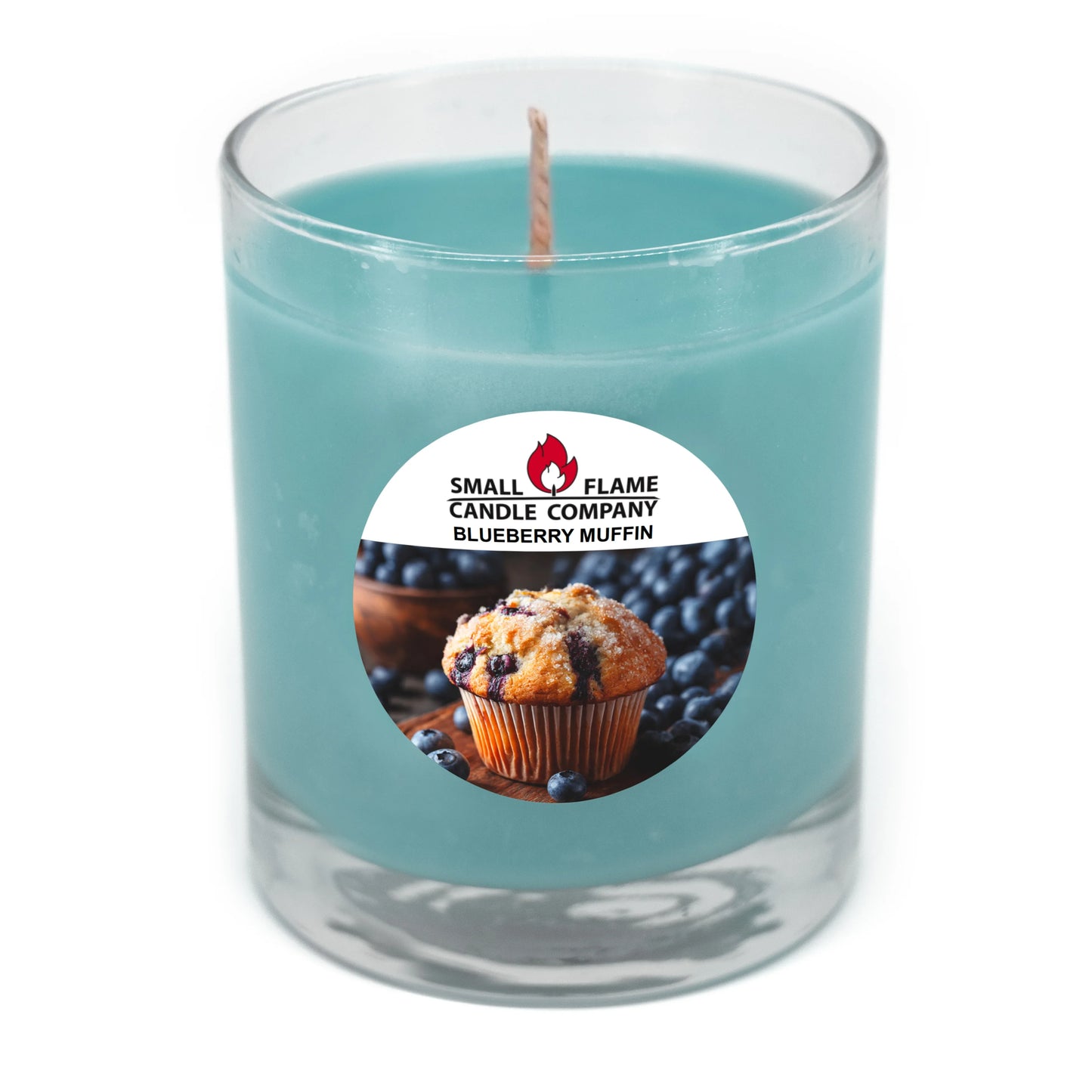 The Blueberry Muffin Candles and Melts from Small Flame Candle Company comes in a clear glass jar with a blueberry muffin-themed label, made with coconut soy wax and natural fragrance oils.