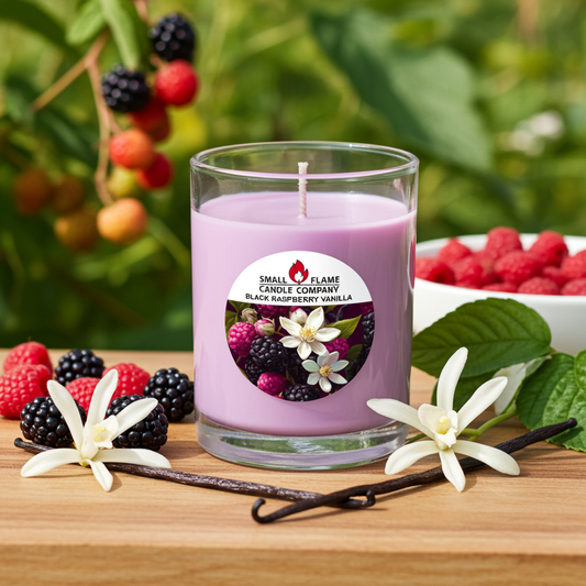The Black Raspberry Vanilla Candles and Melts from Small Flame Candle Company are displayed on wood with berries, vanilla beans, flowers, and leaves—enjoy their eco-friendly aroma in a reusable glass jar for sustainable charm.