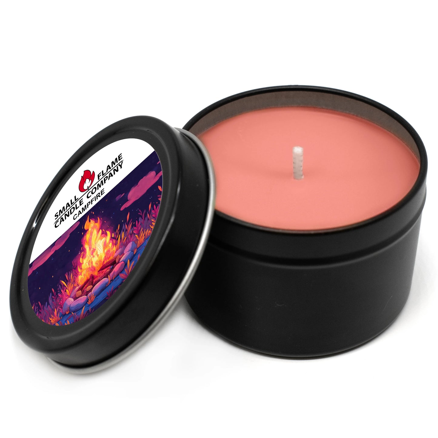 A black tin Campfire Candles and Melts by Small Flame Candle Company, featuring pink hand-poured coconut soy wax, a single wick, and a partially open lid with a colorful campfire illustration and the brand’s logo.