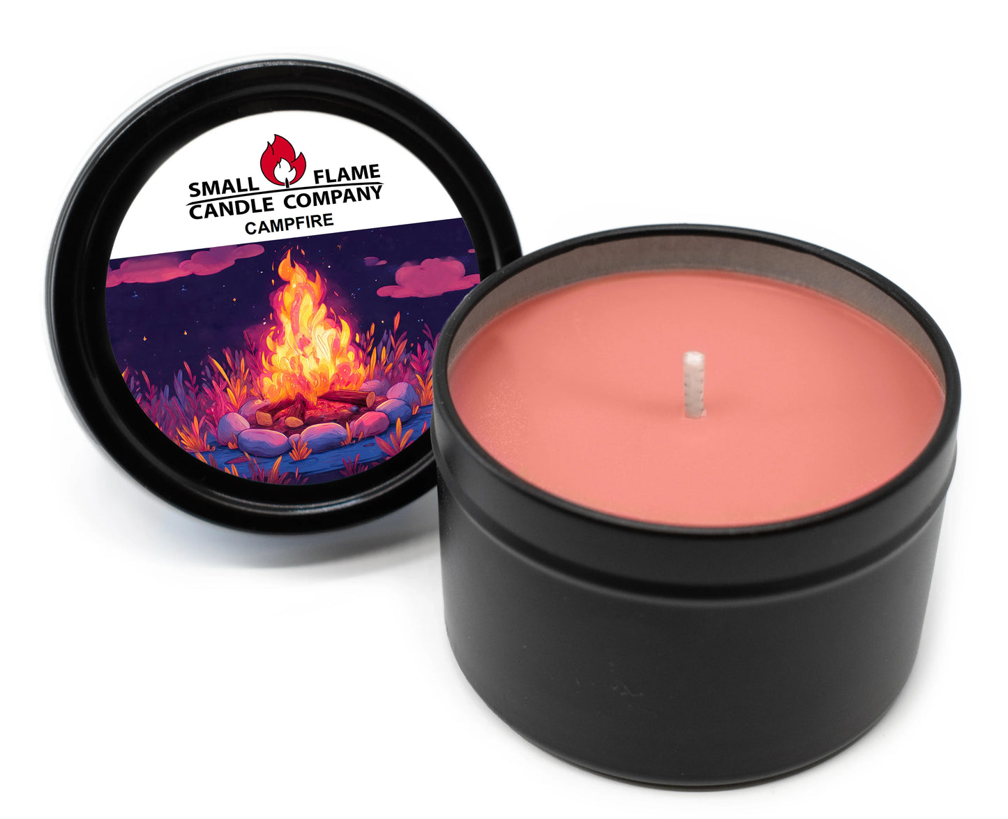 A black tin Campfire Candles and Melts by Small Flame Candle Company features a campfire illustration on the lid. Inside, the hand-poured, reddish-orange coconut soy wax candle has a single wick.