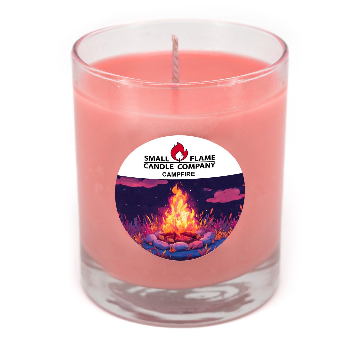 The Small Flame Candle Company Campfire Candles and Melts are hand-poured with coconut soy wax in a clear pink-tinted glass jar, featuring a campfire illustration label.