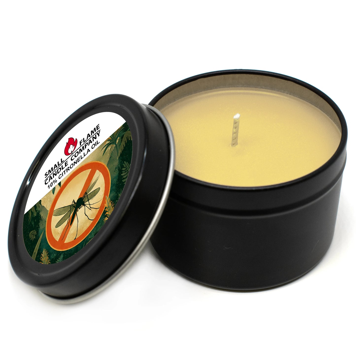 A black metal tin candle with its lid off. The lid shows a label with an orange slice and plants, reading "Citronella Candles and Melts”—a natural citronella oil candle ideal for repelling mosquitoes outdoors. The wax inside is pale yellow.