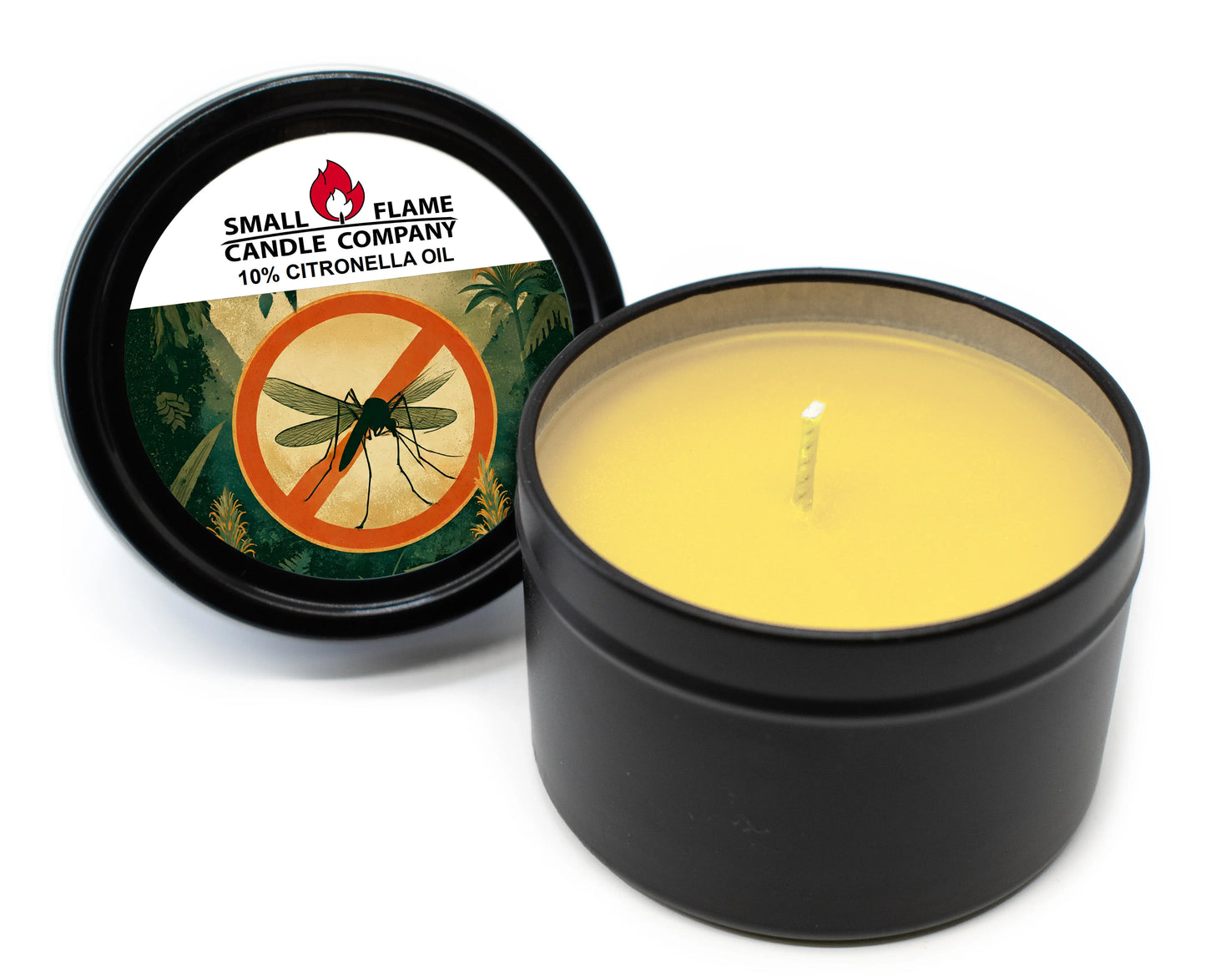 The Citronella Candles and Melts feature a black tin with a crossed-out mosquito graphic and 10% natural citronella oil label; the yellow candle inside is an ideal outdoor mosquito repellent.