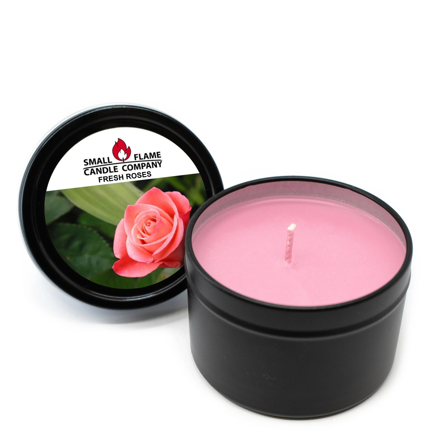 Pink rose-scented coconut-soy candle in black tin with lid and rose label