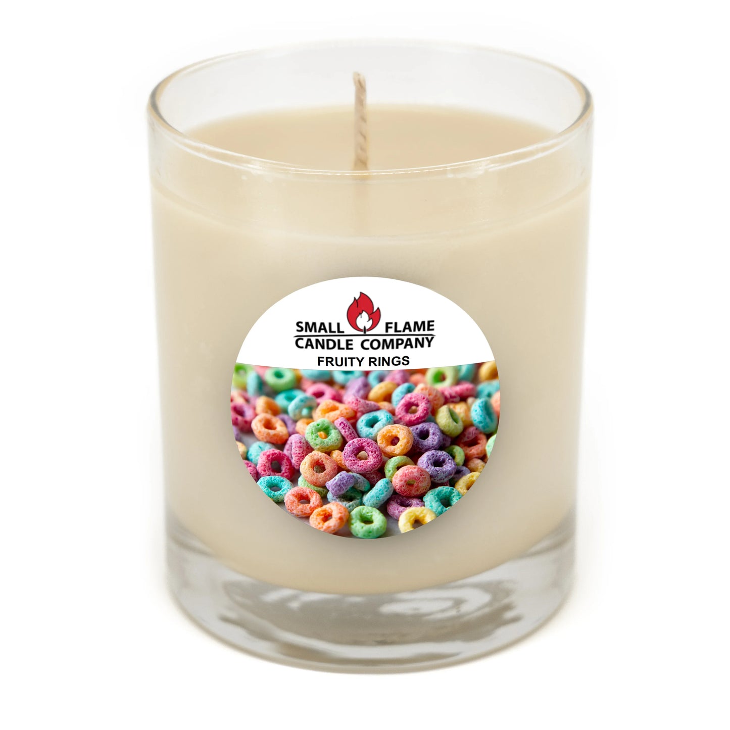 Fruity Rings Candles and Melts feature a glass jar with off-white coconut soy wax and a vibrant cereal ring label, crafted by Small Flame Candle Company with natural fragrance oils for a delightful scent experience.