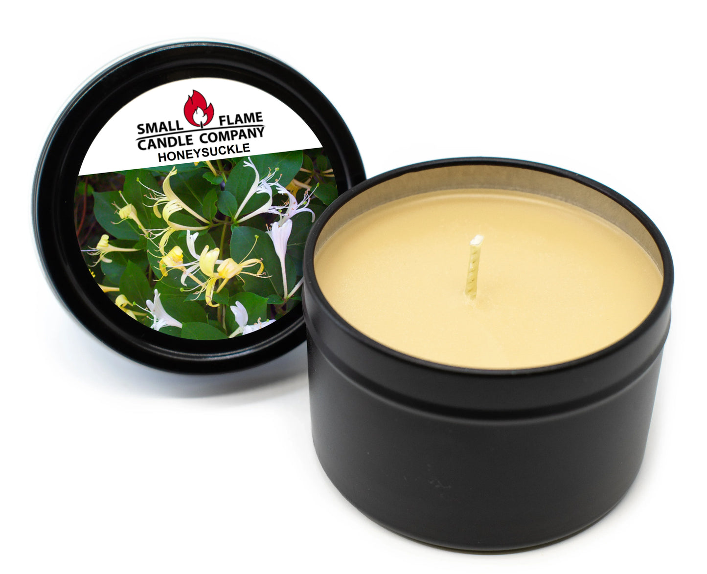 Honeysuckle scented coconut-soy wax candle in a black tin with floral label and lid