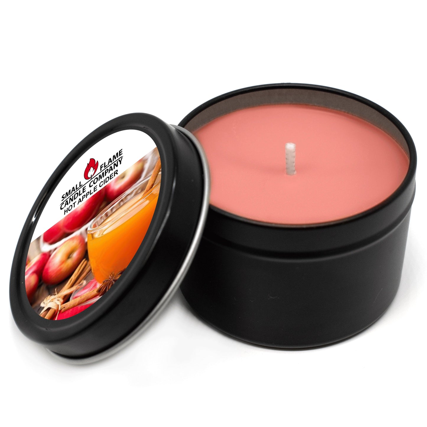 Hot apple cider scented coconut-soy candle in black tin container with lid showing apples and cider.