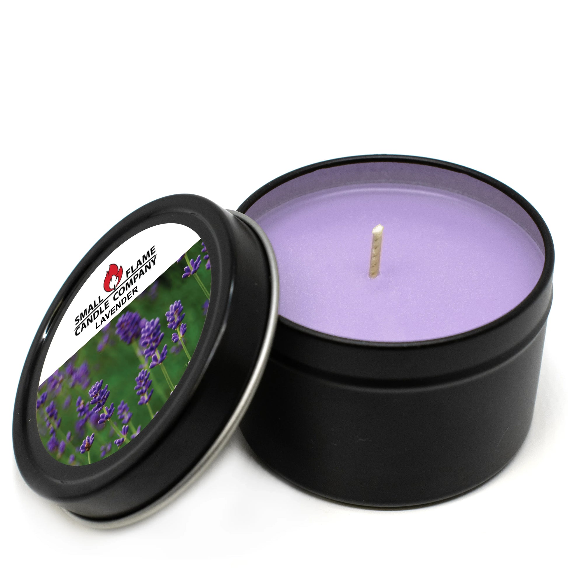 Lavender coconut-soy candle in black tin with purple wax and floral label.