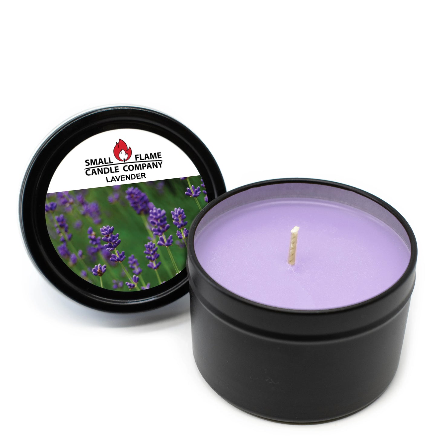 Lavender scented purple candle in a black tin with lid showing lavender flowers.