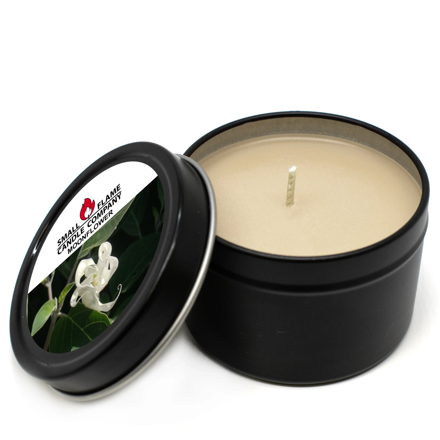 Moonflower coconut-soy wax candle in black tin with lid featuring white flower label