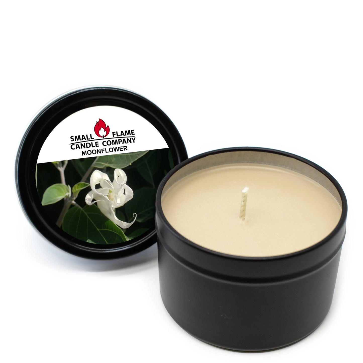 Moonflower scented coconut-soy candle in black metal tin with floral lid design