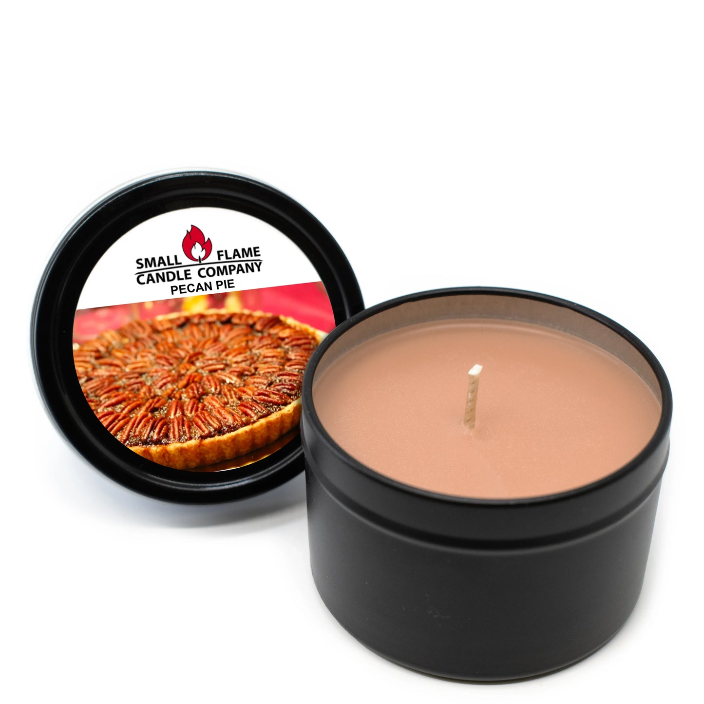 Pecan pie scented candle in black tin with open lid featuring pecan pie image