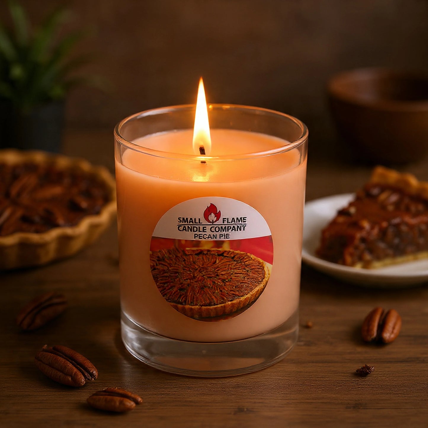 Pecan Pie scented candle in a glass jar, lit, with pecan pie slices and pecans nearby