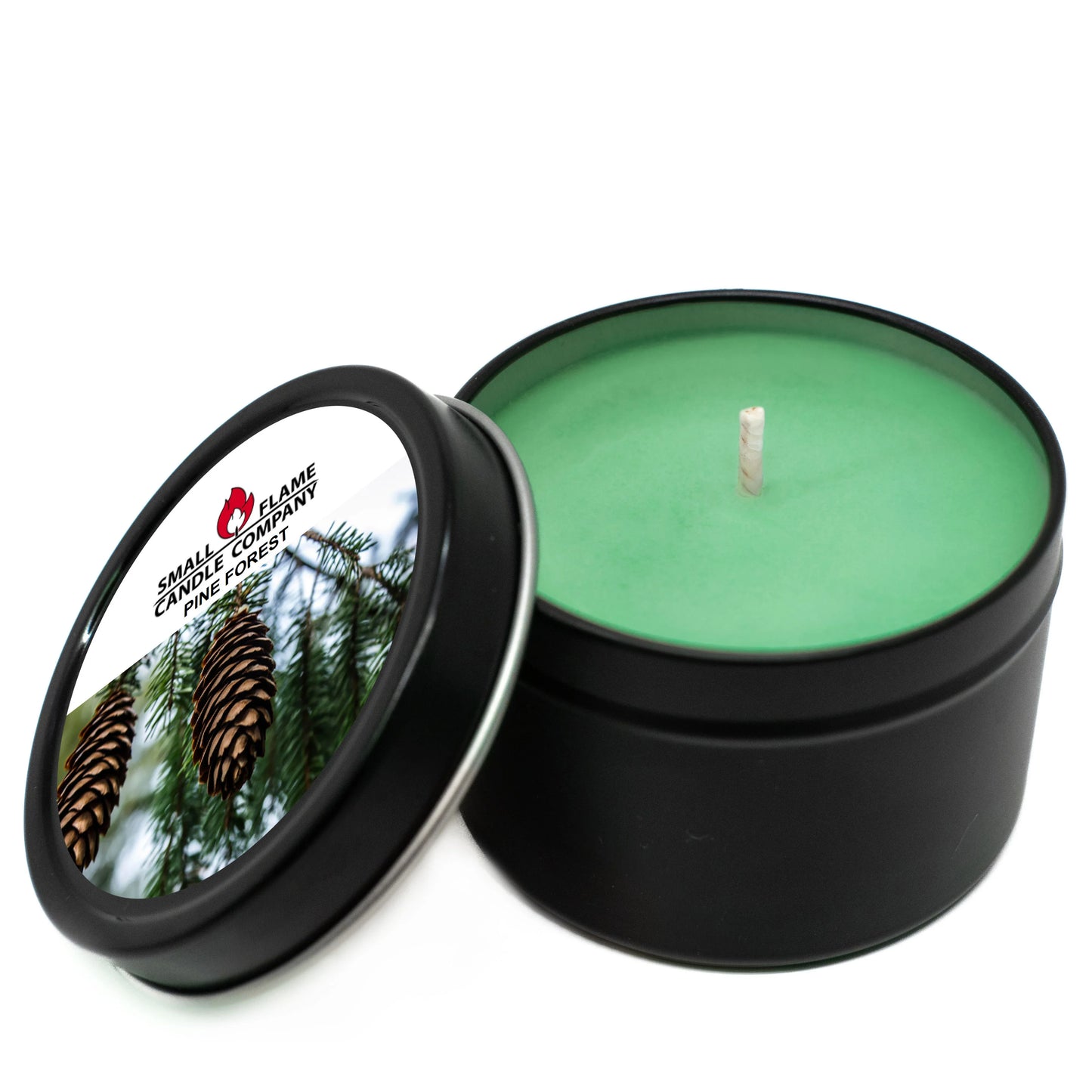 Green pine forest scented candle in a black tin with pinecone label