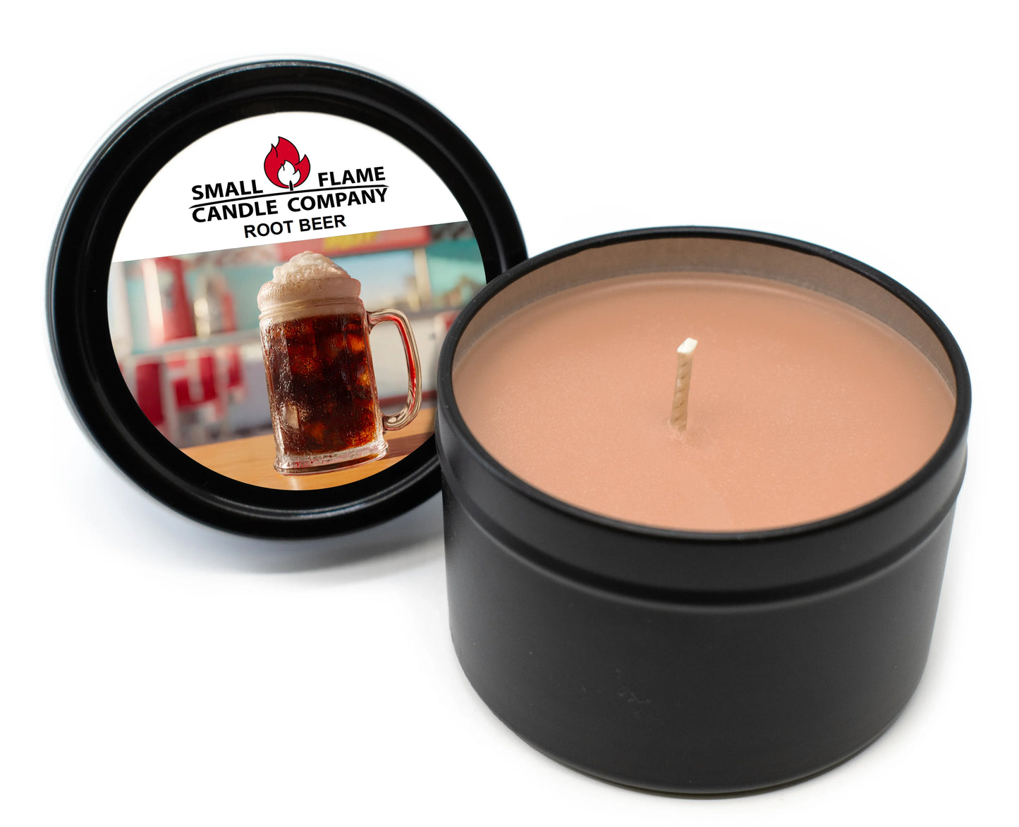 Root beer scented coconut-soy candle in a black tin with foamy root beer image on lid.
