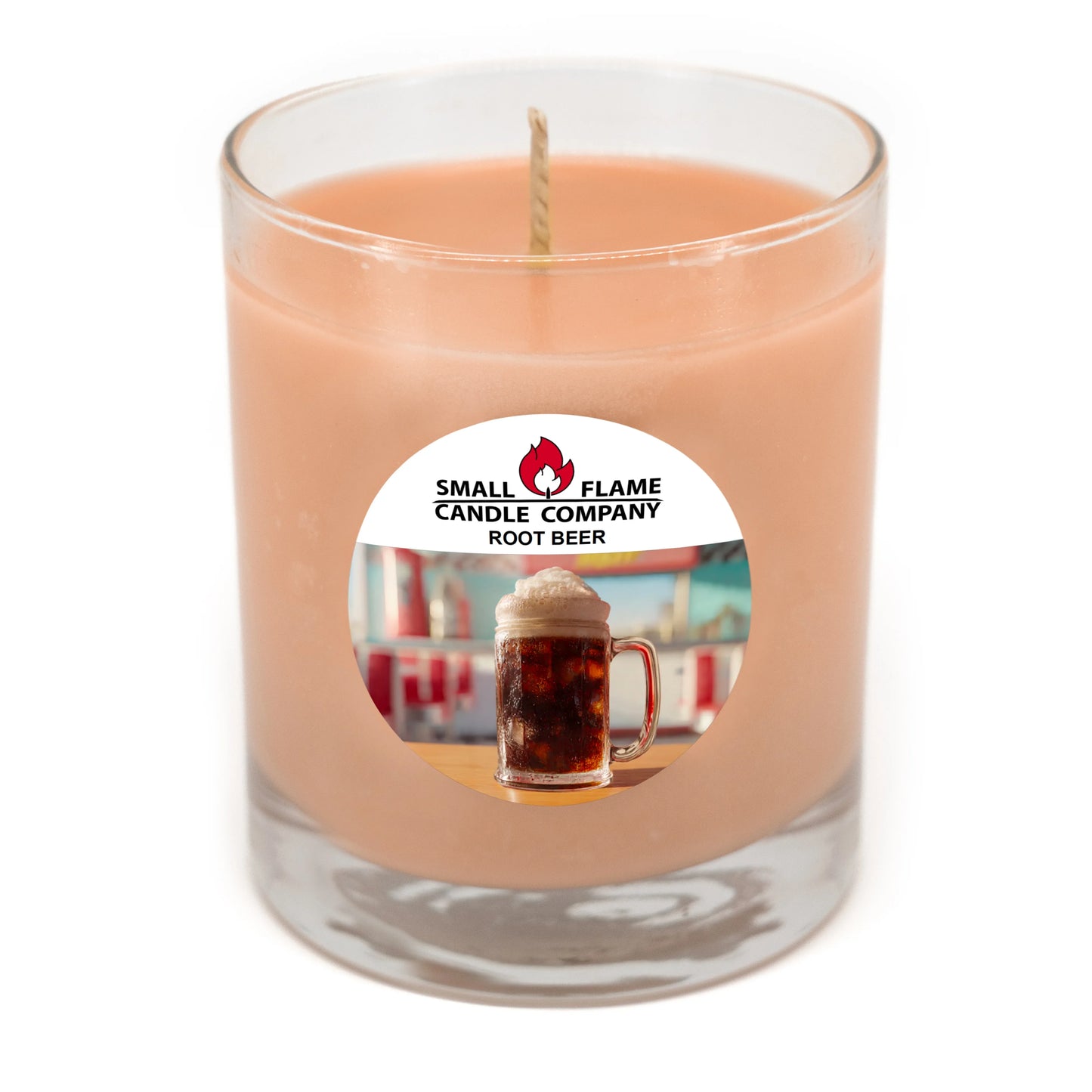 Root beer scented coconut-soy candle in glass jar with frothy root beer label