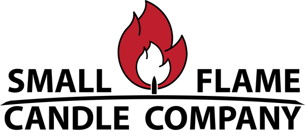 Logo for Small Flame Candle Company. The design features a stylized red flame above the company name, with a black line and a small candle flame between the words Small and Flame.