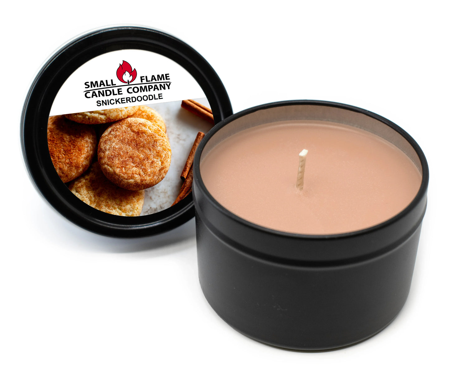 Snickerdoodle scented coconut-soy candle in black tin with cinnamon cookie label