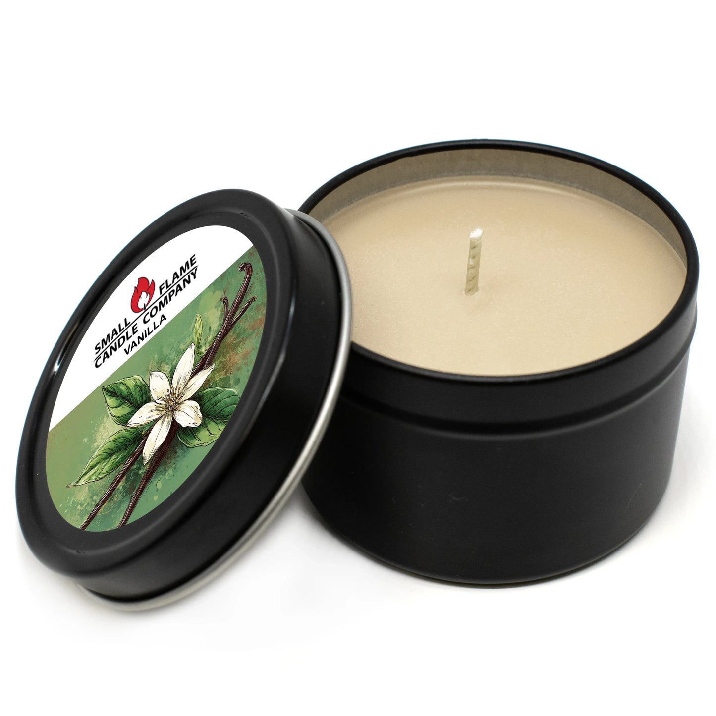 Vanilla scented coconut-soy candle in black tin with floral label, lid off