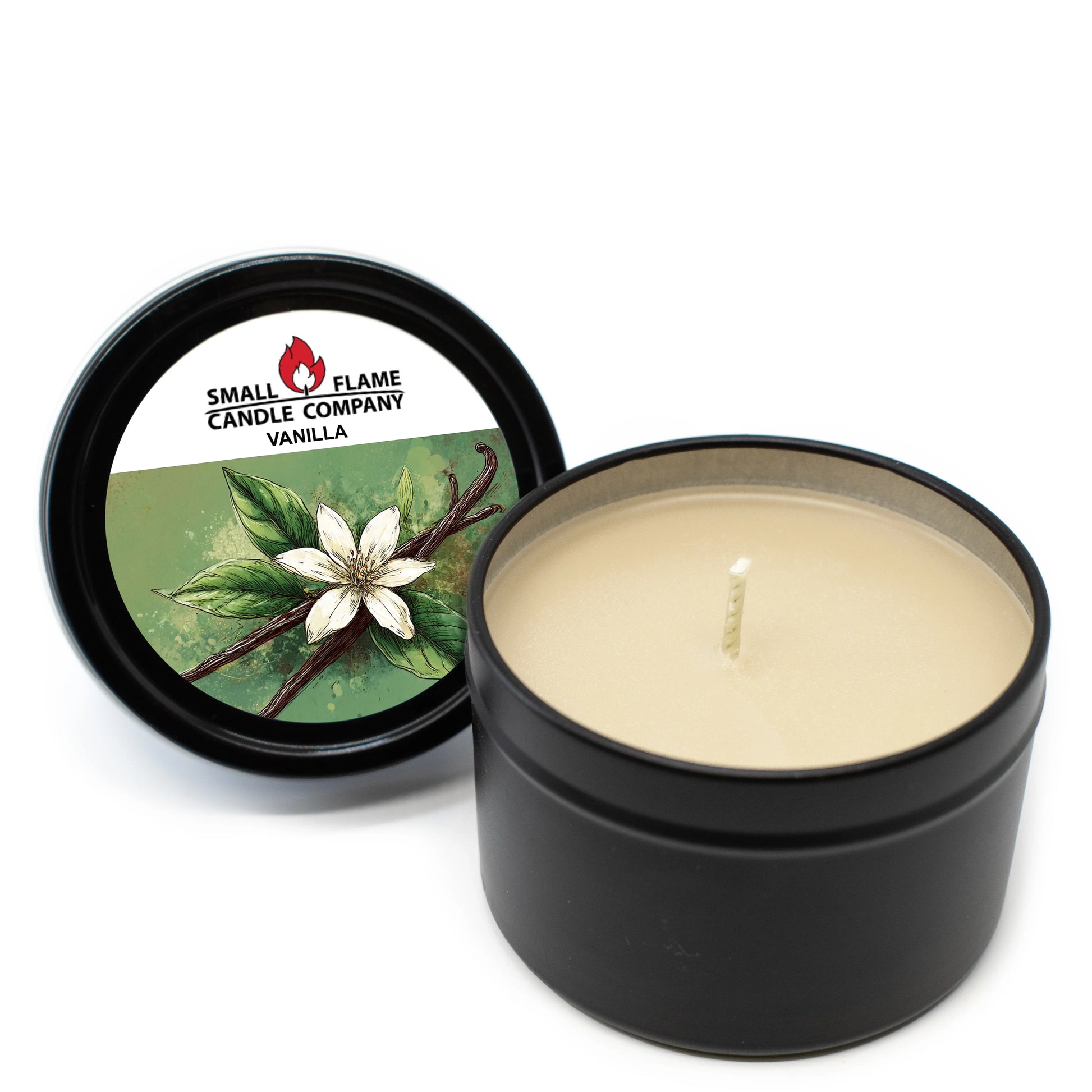 Vanilla coconut-soy candle in black tin with floral vanilla label, eco-friendly home fragrance