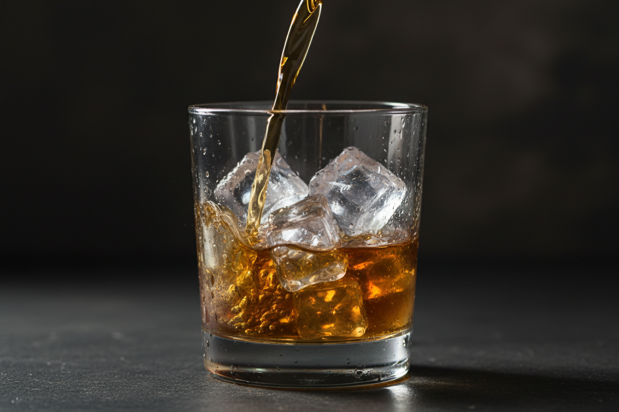 A close-up of a glass filled with ice cubes being poured with a brown liquid, likely whiskey or another alcoholic beverage, against a dark background.