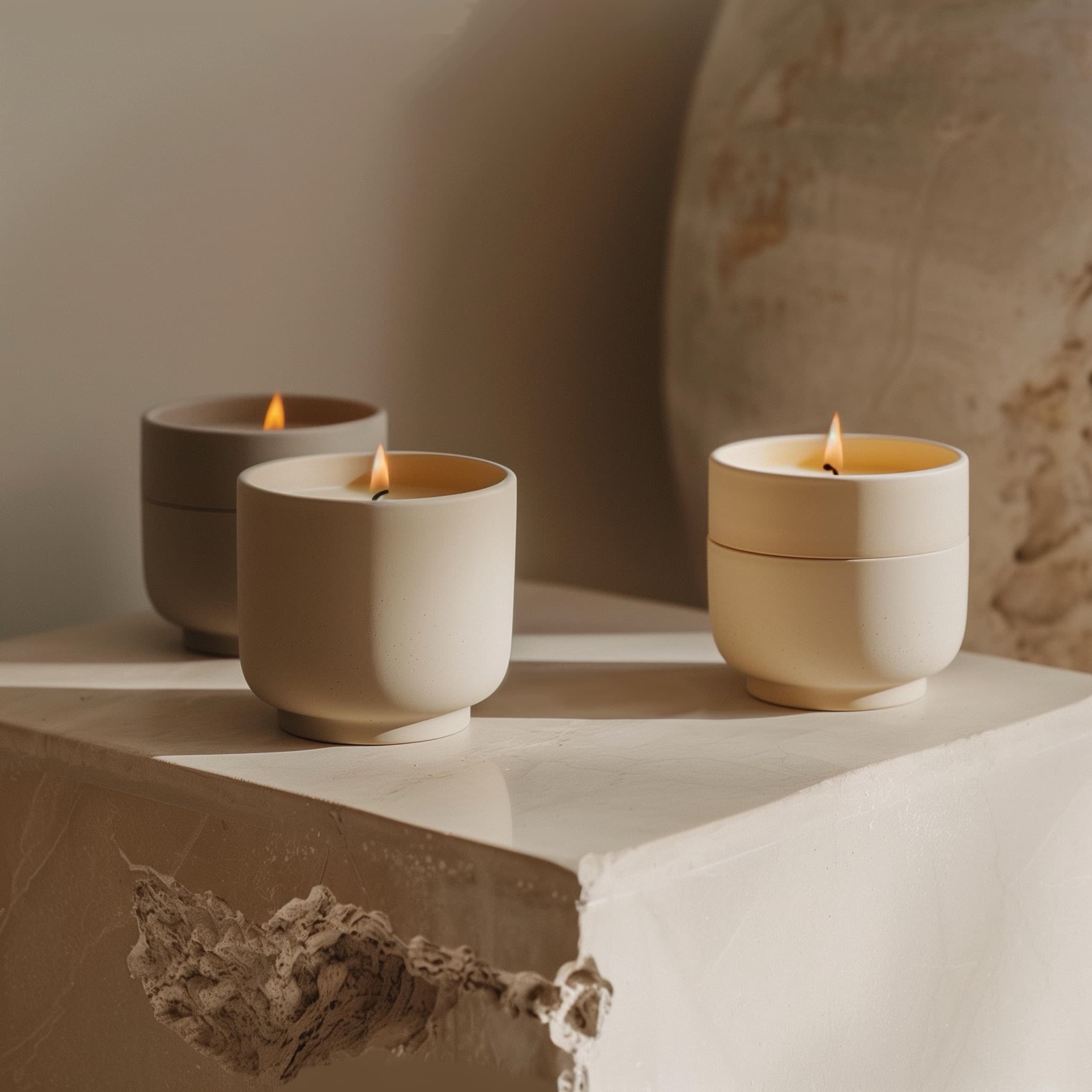 Three lit candles in simple, matte beige ceramic holders sit on a textured, off-white stone surface with soft, warm lighting and a blurred background.