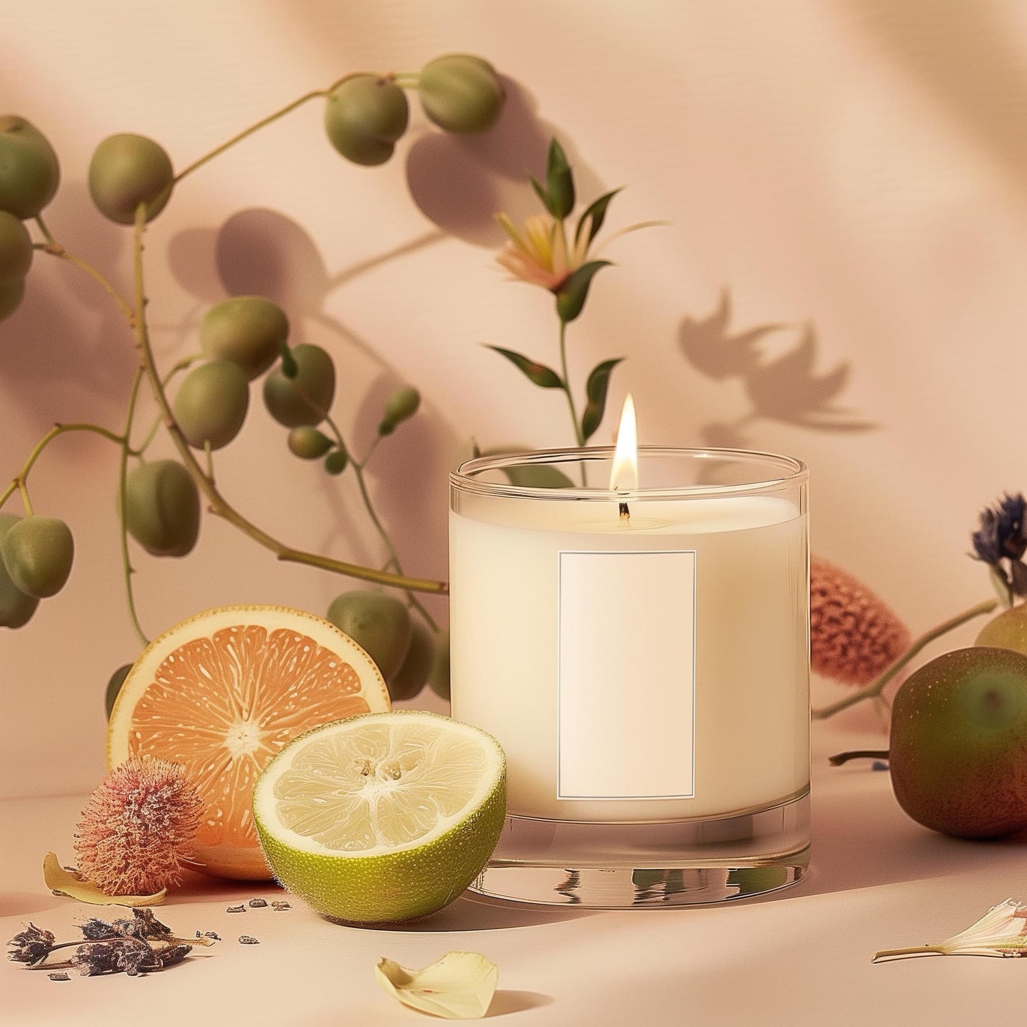 A lit white candle in a glass holder sits surrounded by a sliced orange, a sliced lime, dried flowers, and green foliage against a soft, light background.