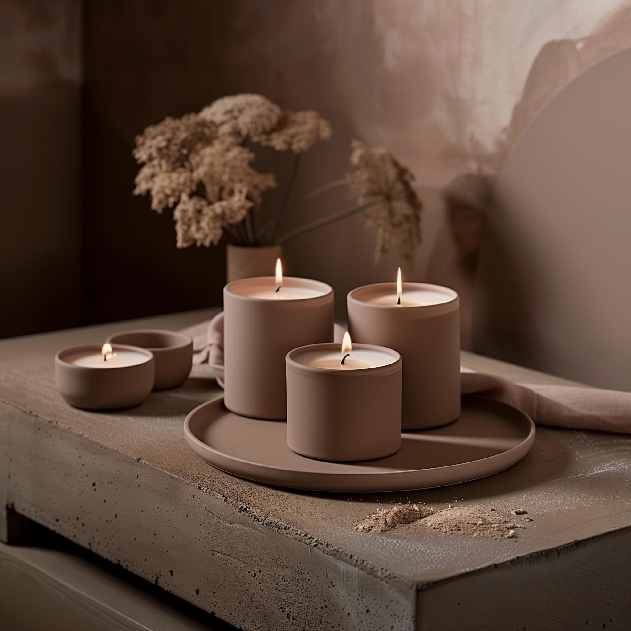 A set of four beige candles, each lit and placed on a matching tray atop a textured beige table. In the background, dried flowers in a vase enhance the warm, minimalist, and cozy ambiance.