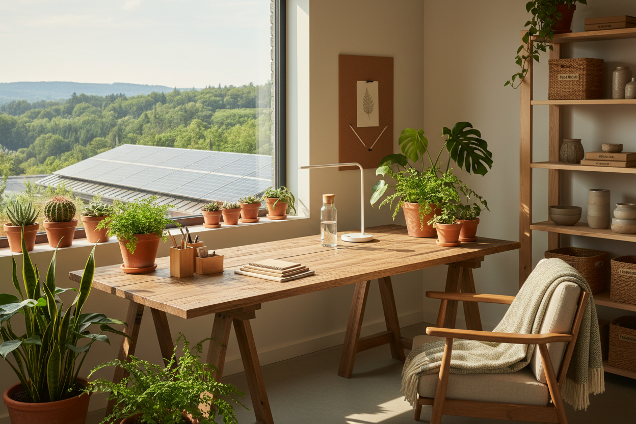 A home office with a wooden desk and chair, surrounded by various potted plants, sits by a large window overlooking trees and solar panels on a roof. Shelves with baskets and ceramics are on the right. Warm, natural lighting fills the room.