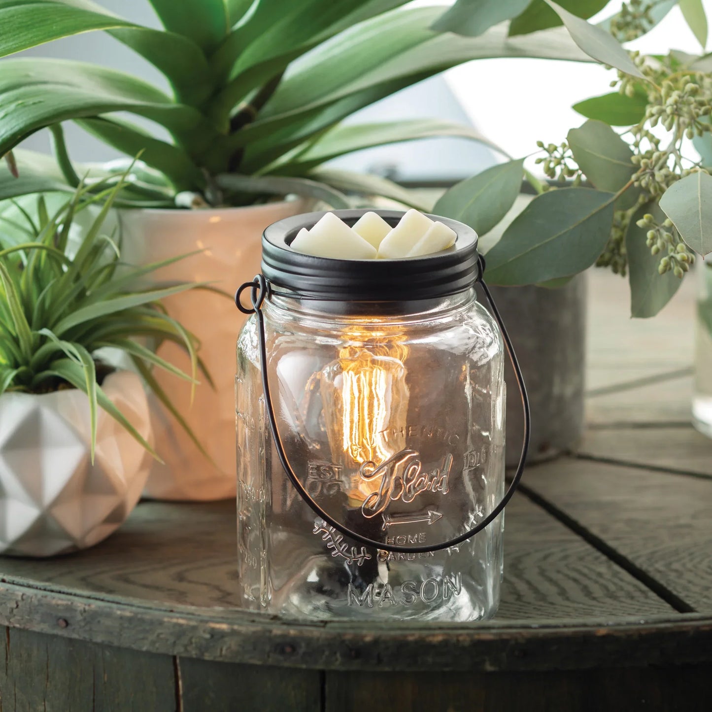 Vintage mason jar wax warmer with glowing bulb, surrounded by potted houseplants on wood table