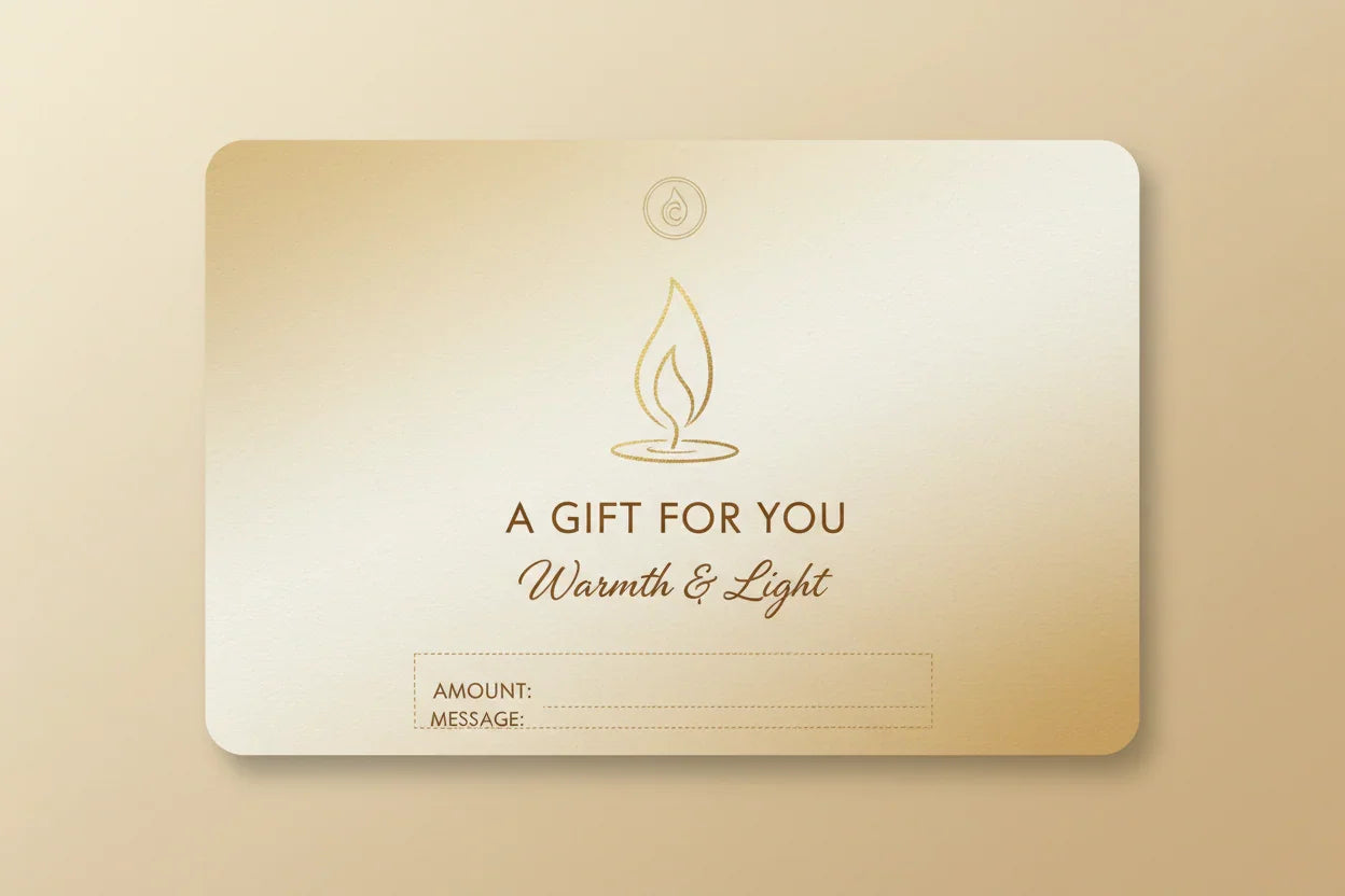 Beige candle-themed gift card with flame icon, 'A Gift For You' and 'Warmth & Light' text.